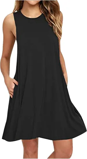 Sundresses for Women 2024 Solid Color Crewneck Sleeveless Summer Dress Loose Fit Tunic Midi Dress Flowy Swing Sundresses