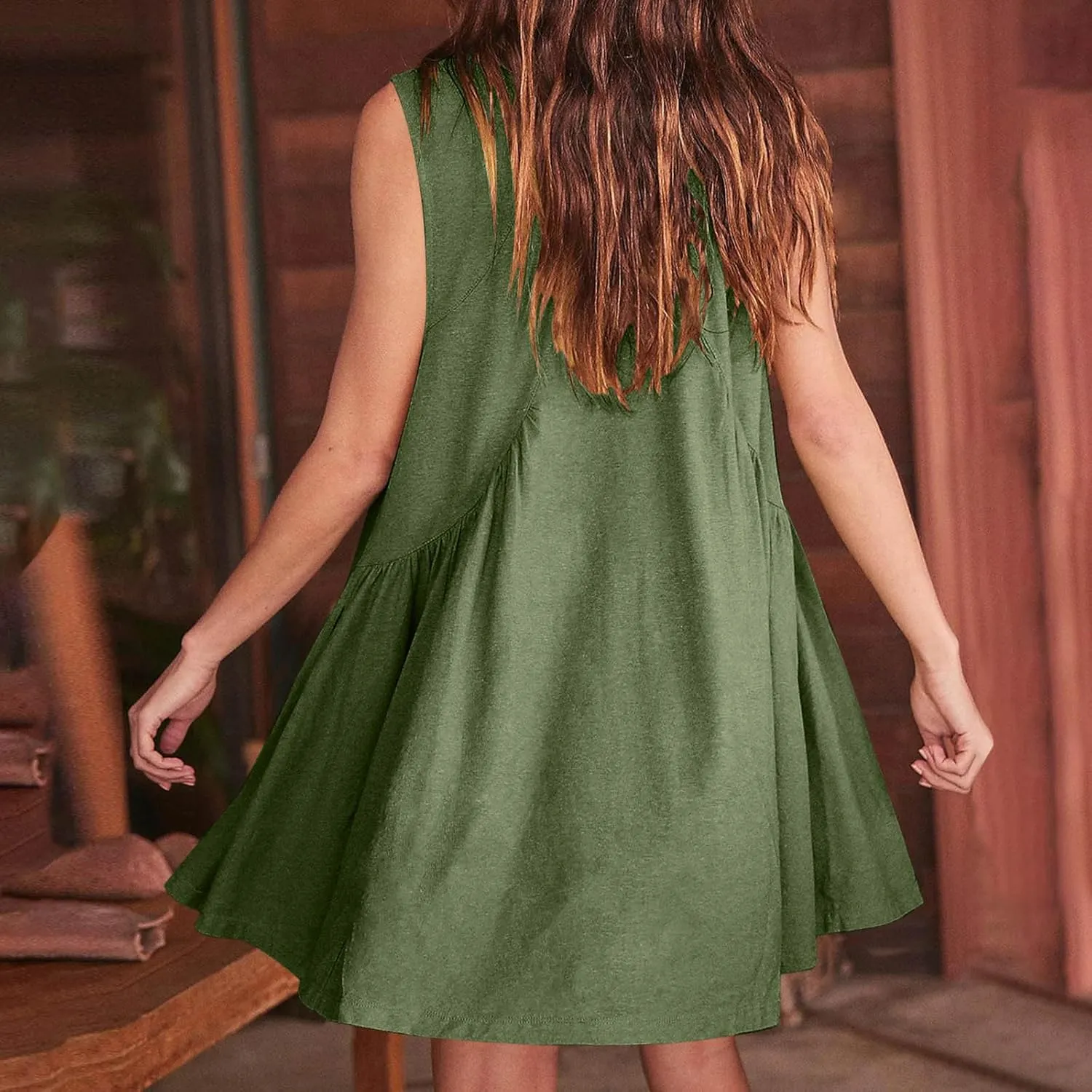 Sundresses for Women 2024 Solid Sleeveless Ruffle Mini Dresses Summer Casual Loose V Neck Solid Dress Going Out Beach