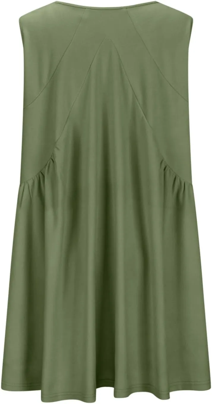 Sundresses for Women 2024 Solid Sleeveless Ruffle Mini Dresses Summer Casual Loose V Neck Solid Dress Going Out Beach