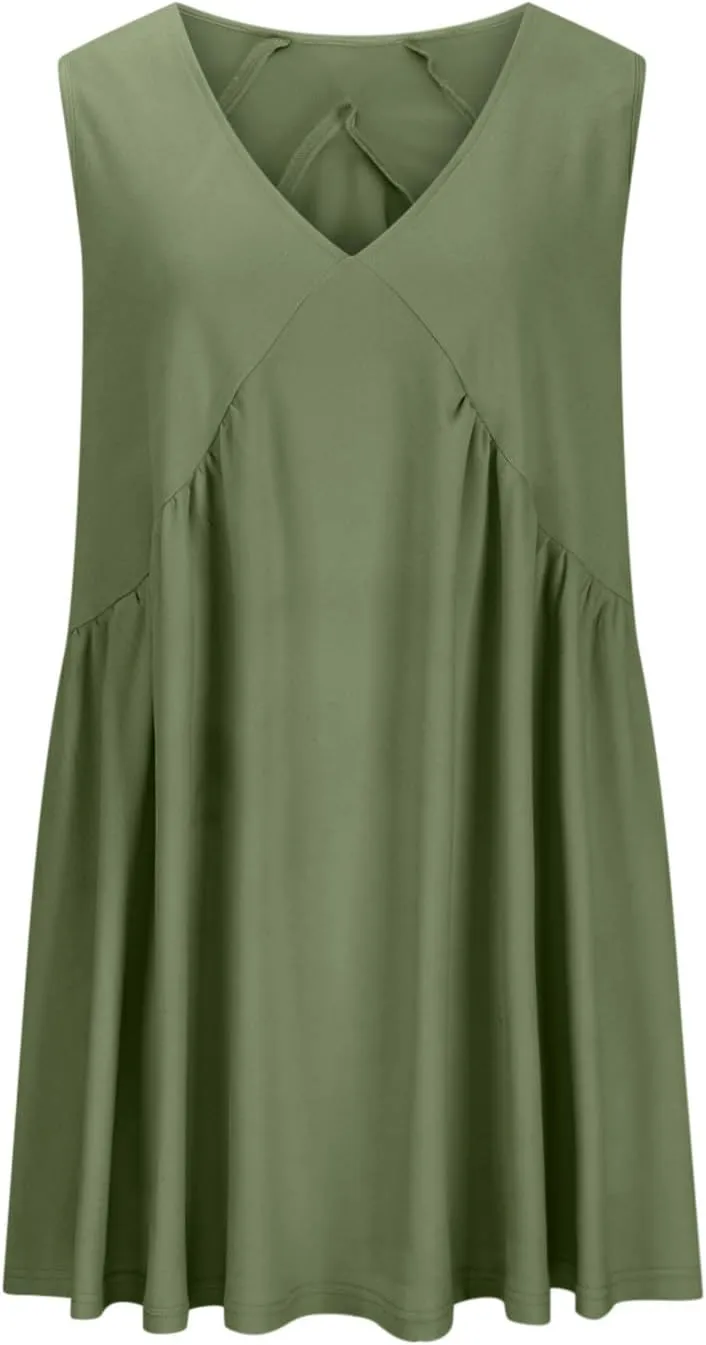 Sundresses for Women 2024 Solid Sleeveless Ruffle Mini Dresses Summer Casual Loose V Neck Solid Dress Going Out Beach