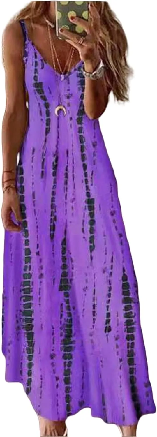 Sundresses for Women 2025 Summer Boho Floral Maxi Dress Spaghetti Strap Long Flowy Swing Dress Beach Vacation Hawaiian Dress