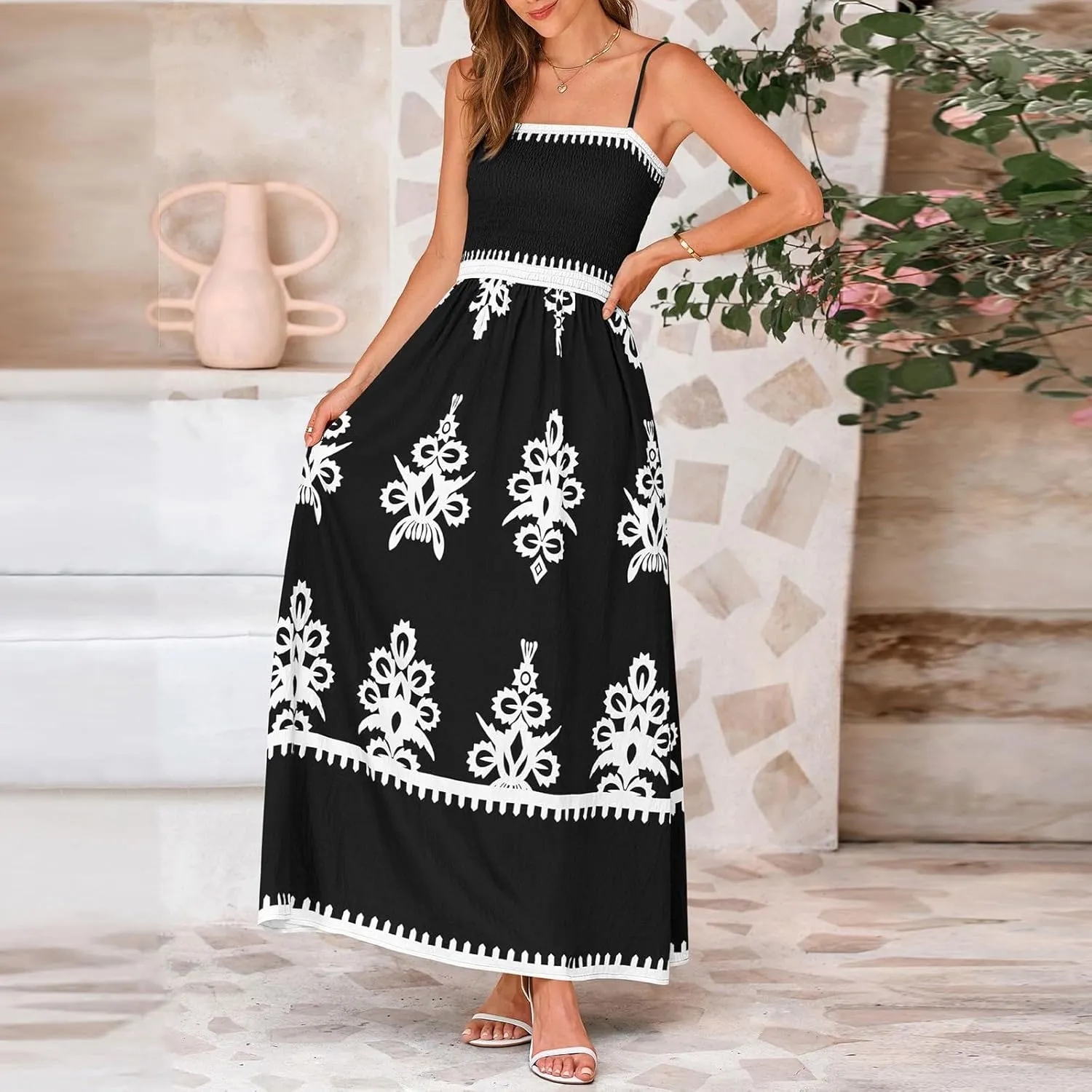 Sundresses for Women 2025 Summer Floral Sundress Spaghetti Strap Flowy Beach Vacation Boho Maxi Dresses with Pocket