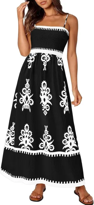 Sundresses for Women 2025 Summer Floral Sundress Spaghetti Strap Flowy Beach Vacation Boho Maxi Dresses with Pocket