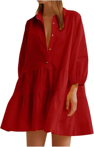 Sundresses for Women Maxi Fall Long Puff Sleeve 2024 Bubble Midi Button Down Casual Babydoll Plus Size Summer Dress