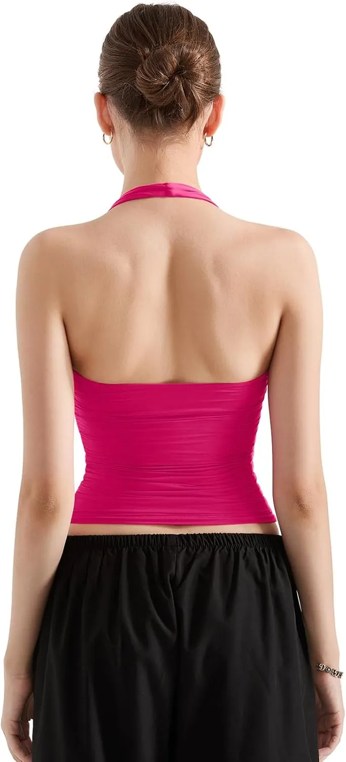 SUUKSESS Women Halter Tank Tops Double Lined Backless Y2K Trendy Going Out Tops