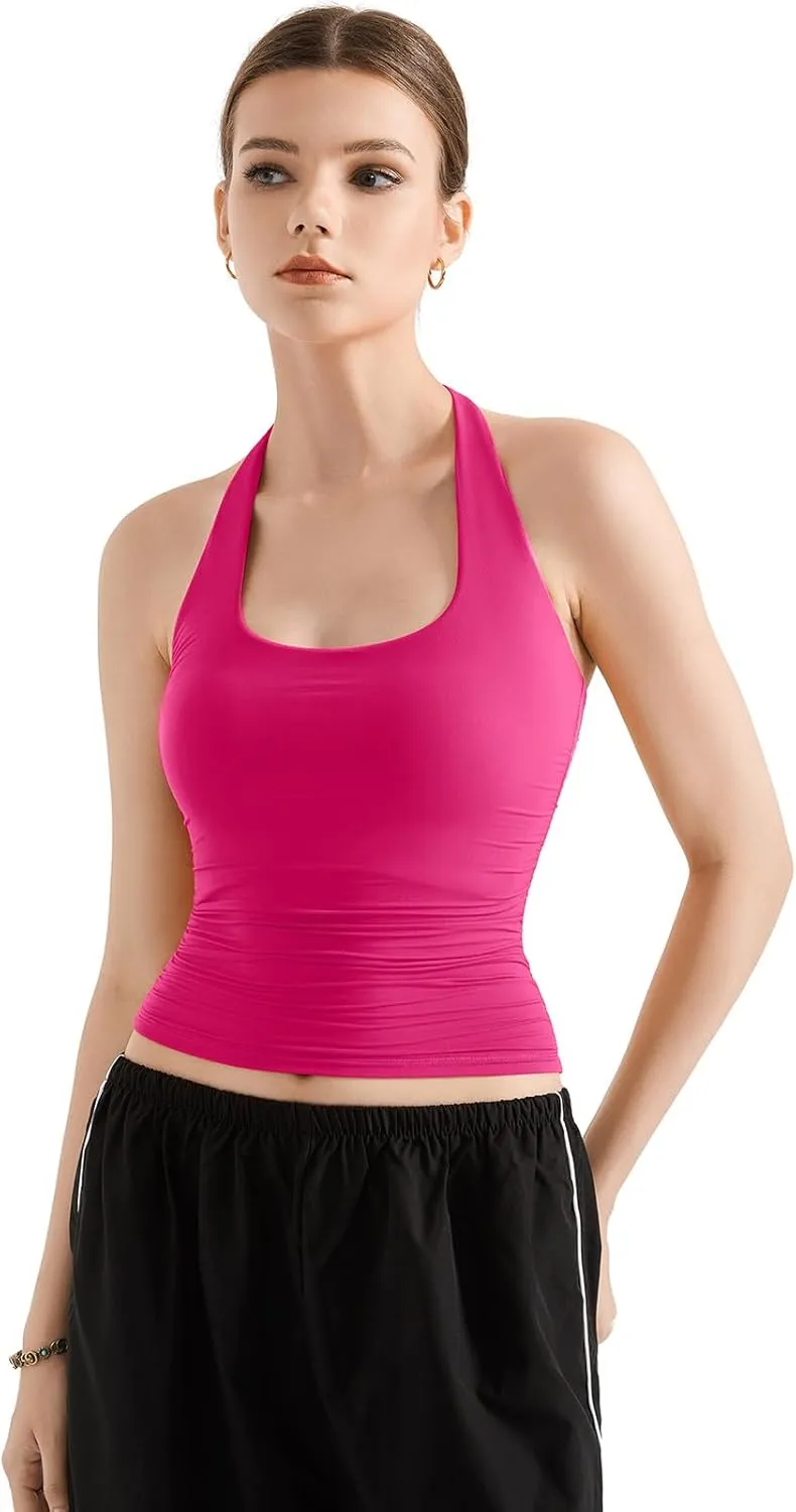 SUUKSESS Women Halter Tank Tops Double Lined Backless Y2K Trendy Going Out Tops