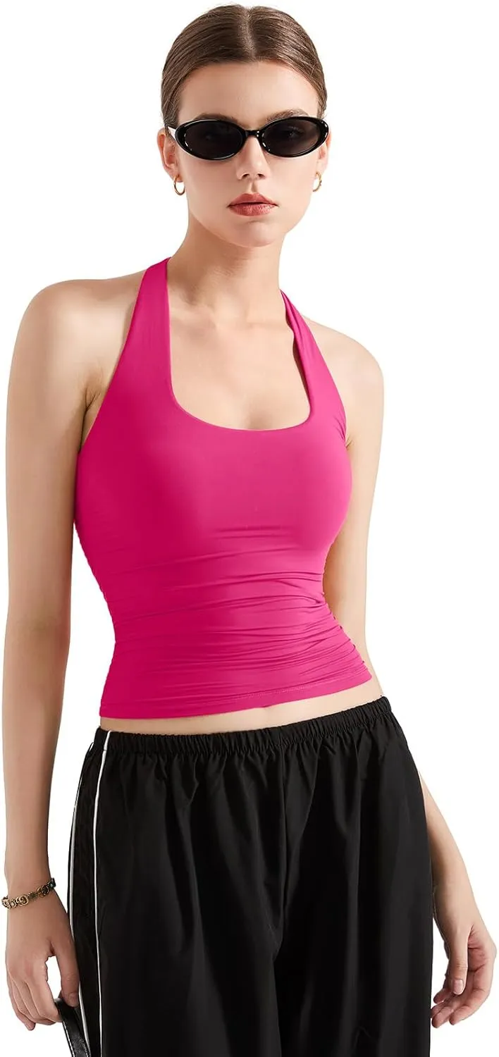 SUUKSESS Women Halter Tank Tops Double Lined Backless Y2K Trendy Going Out Tops