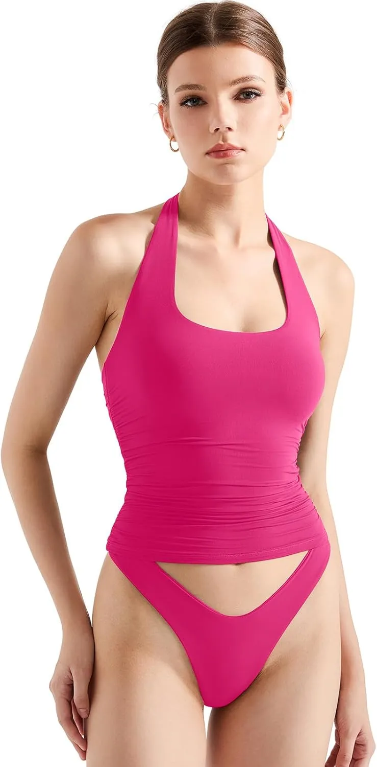 SUUKSESS Women Halter Tank Tops Double Lined Backless Y2K Trendy Going Out Tops