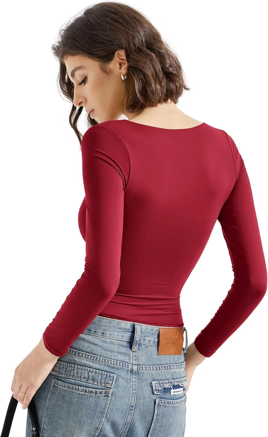 SUUKSESS Women Square Neck Long Sleeve Tops Double Lined Going Out T Shirts