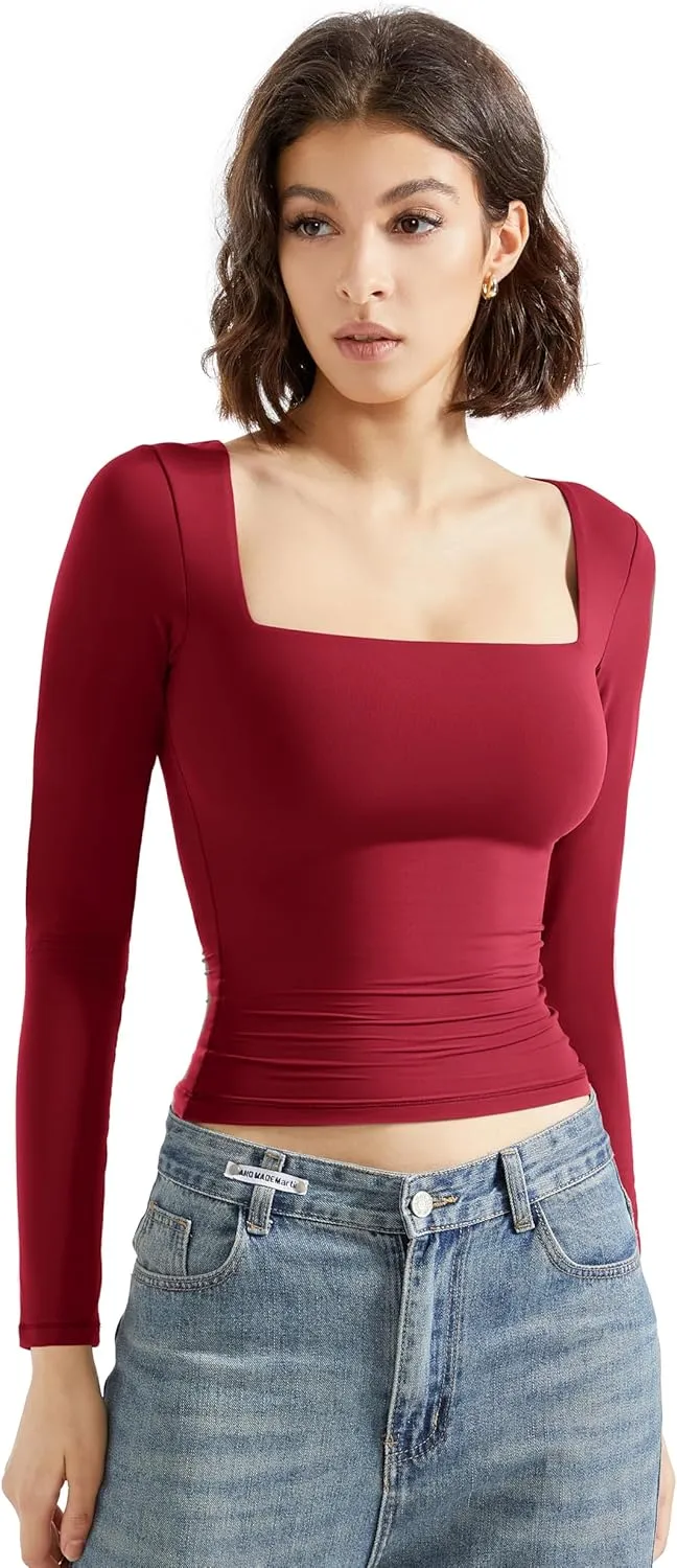 SUUKSESS Women Square Neck Long Sleeve Tops Double Lined Going Out T Shirts