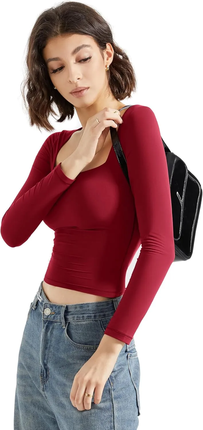 SUUKSESS Women Square Neck Long Sleeve Tops Double Lined Going Out T Shirts