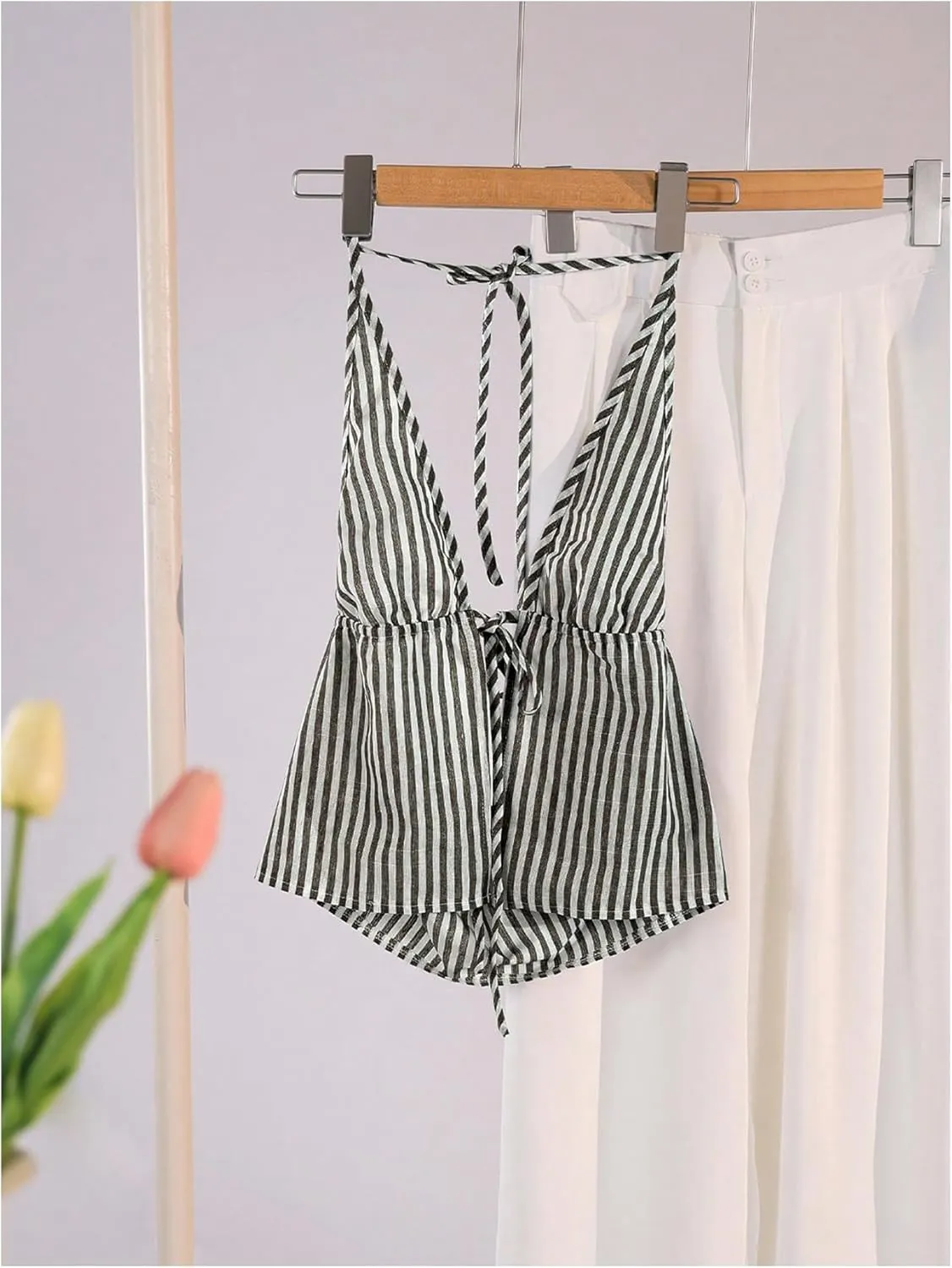 SweatyRocks Women's Sexy Striped Tie Front Halter Tops Sleeveless Drawstring Summer Cami Tops