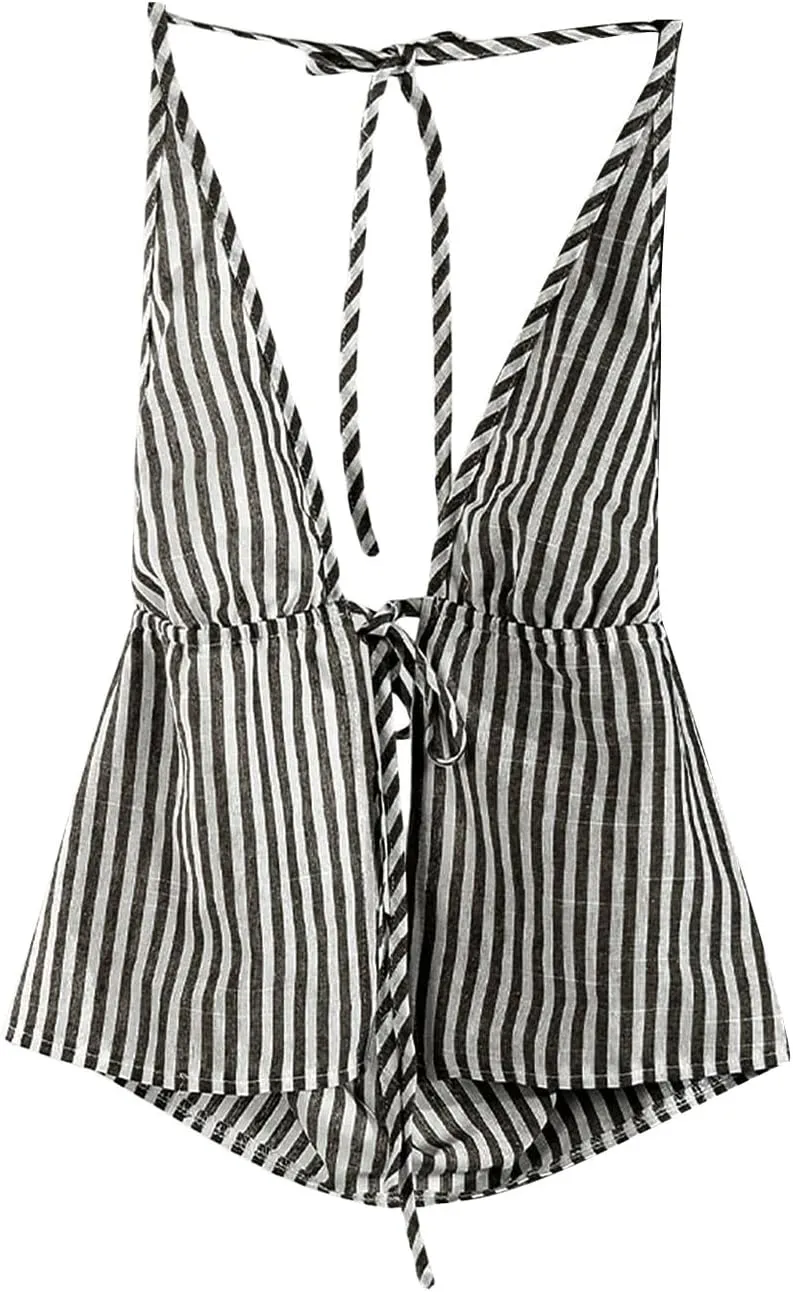 SweatyRocks Women's Sexy Striped Tie Front Halter Tops Sleeveless Drawstring Summer Cami Tops