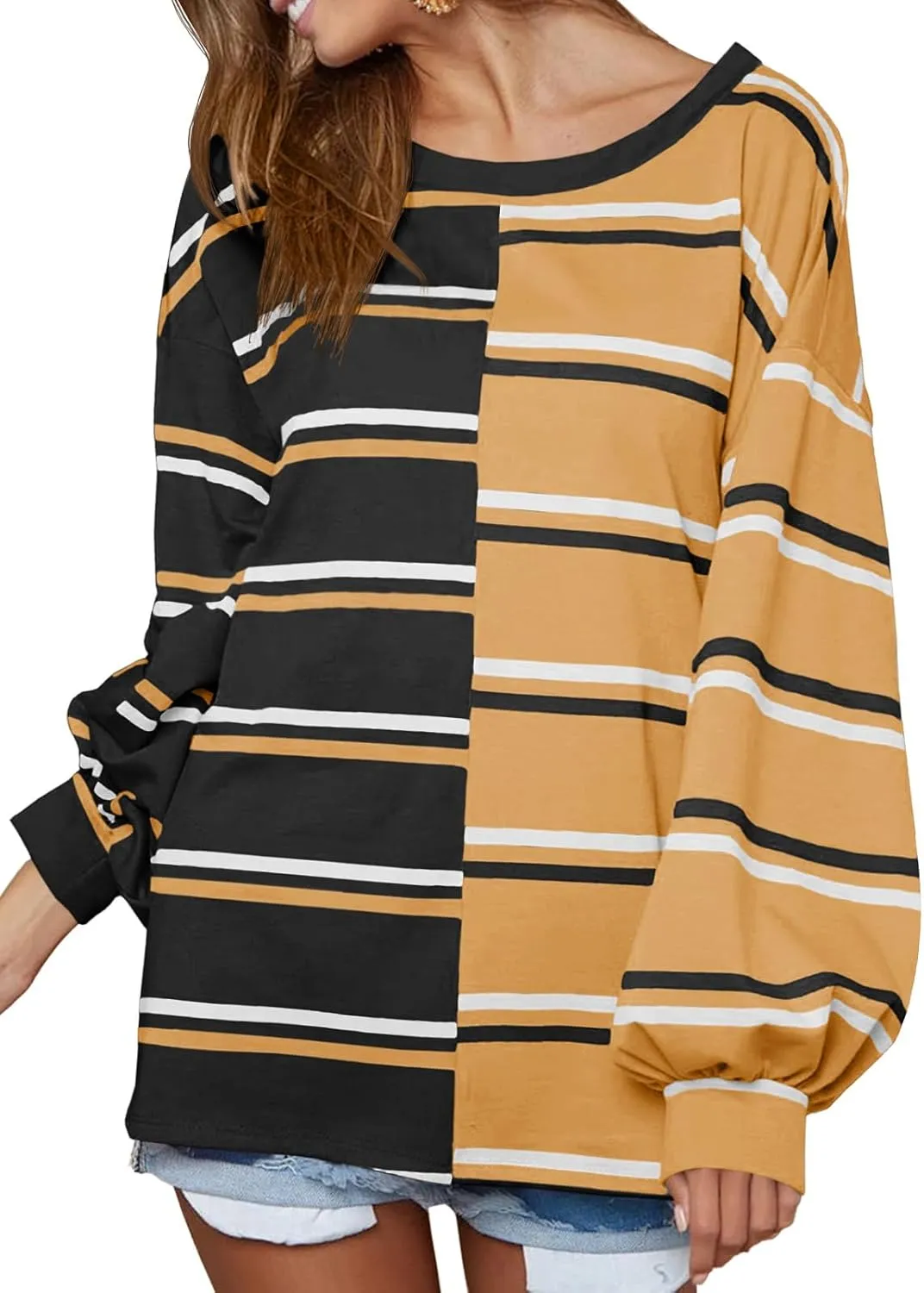 Tankaneo Womens Striped Tunic Tops Oversized Long Sleeve Round Neck T Shirts Fall Casual Sweatshirts