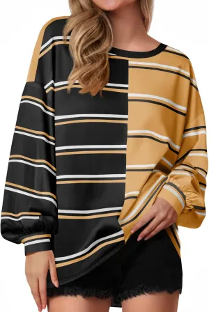 Tankaneo Womens Striped Tunic Tops Oversized Long Sleeve Round Neck T Shirts Fall Casual Sweatshirts