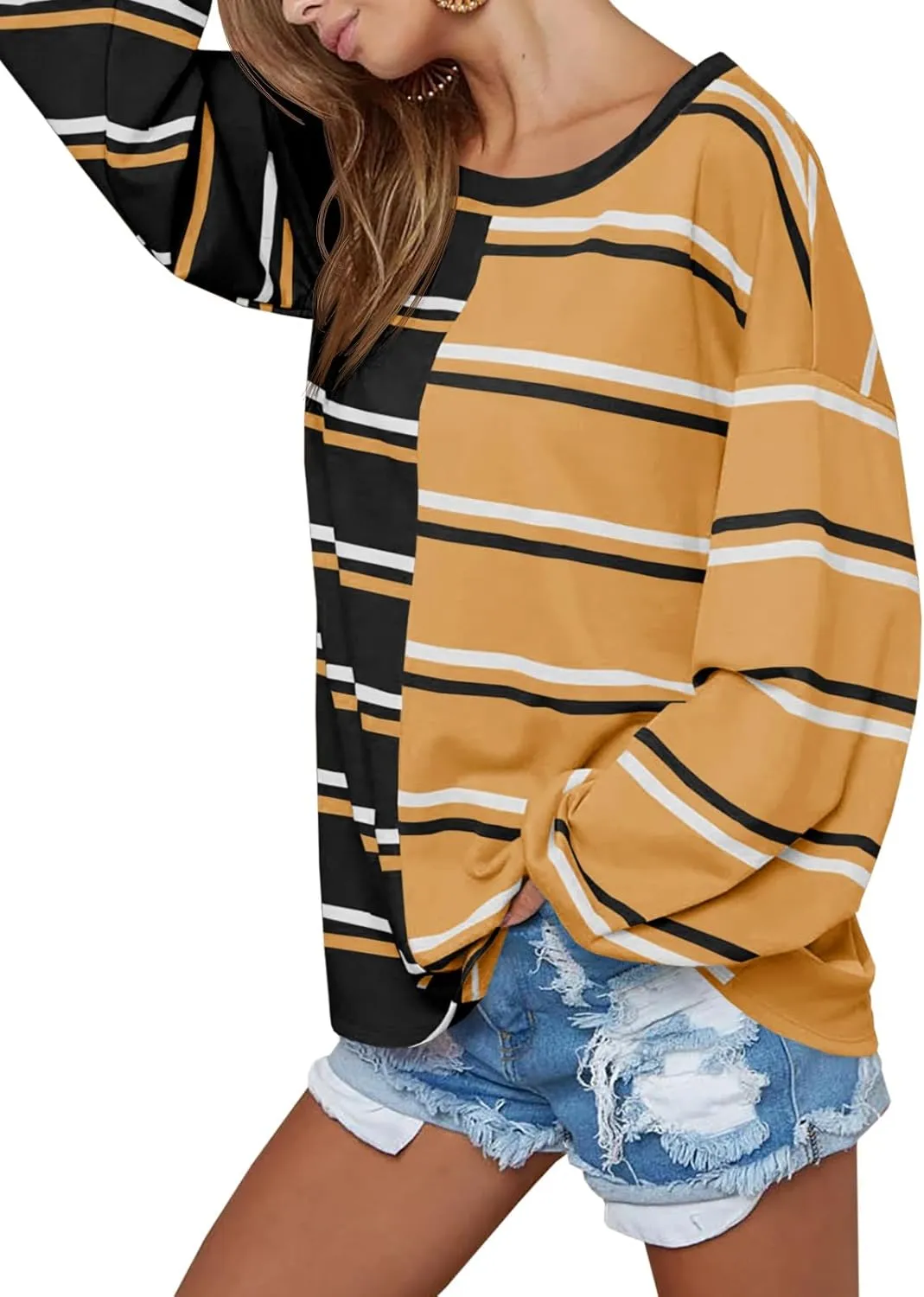 Tankaneo Womens Striped Tunic Tops Oversized Long Sleeve Round Neck T Shirts Fall Casual Sweatshirts