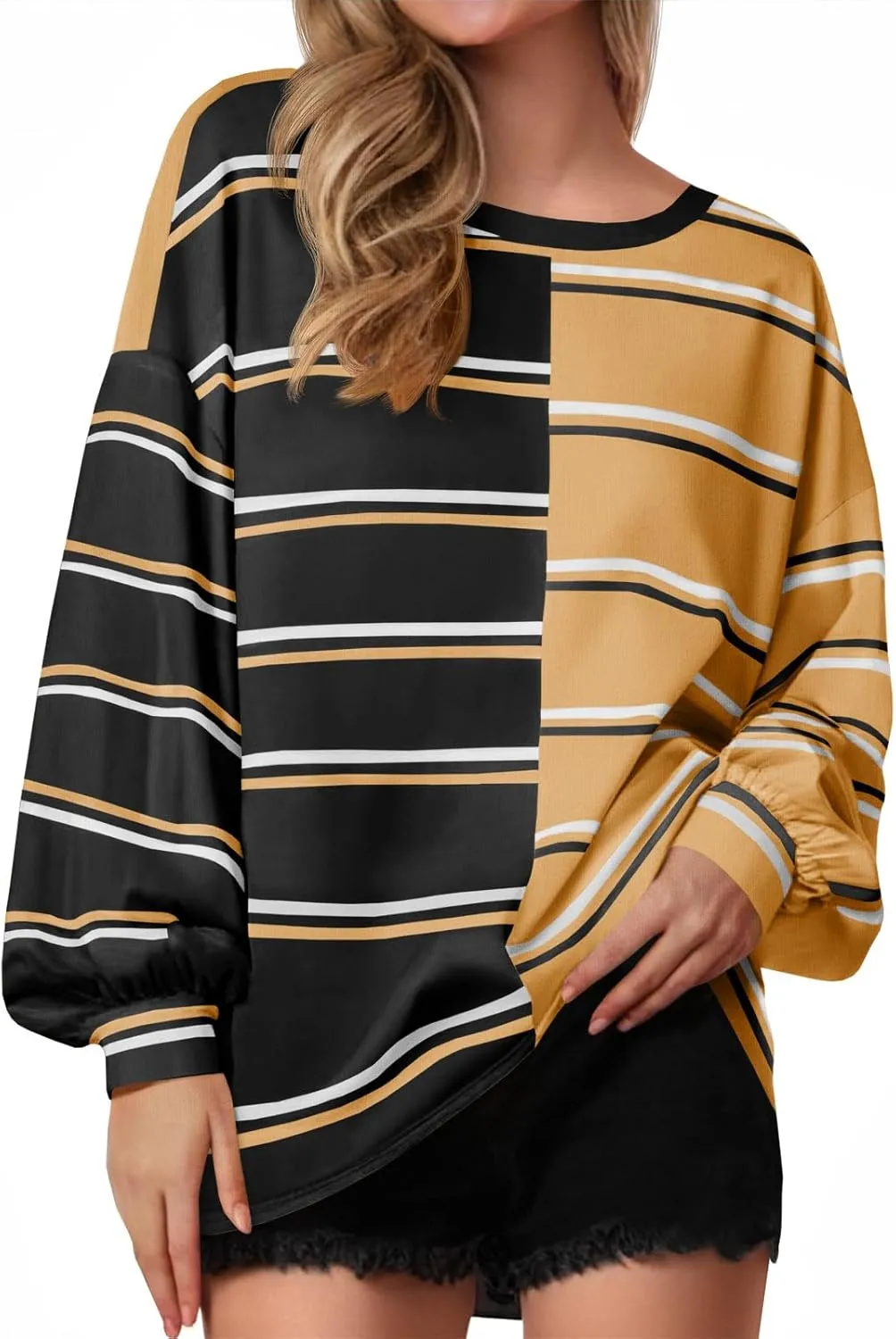 Tankaneo Womens Striped Tunic Tops Oversized Long Sleeve Round Neck T Shirts Fall Casual Sweatshirts