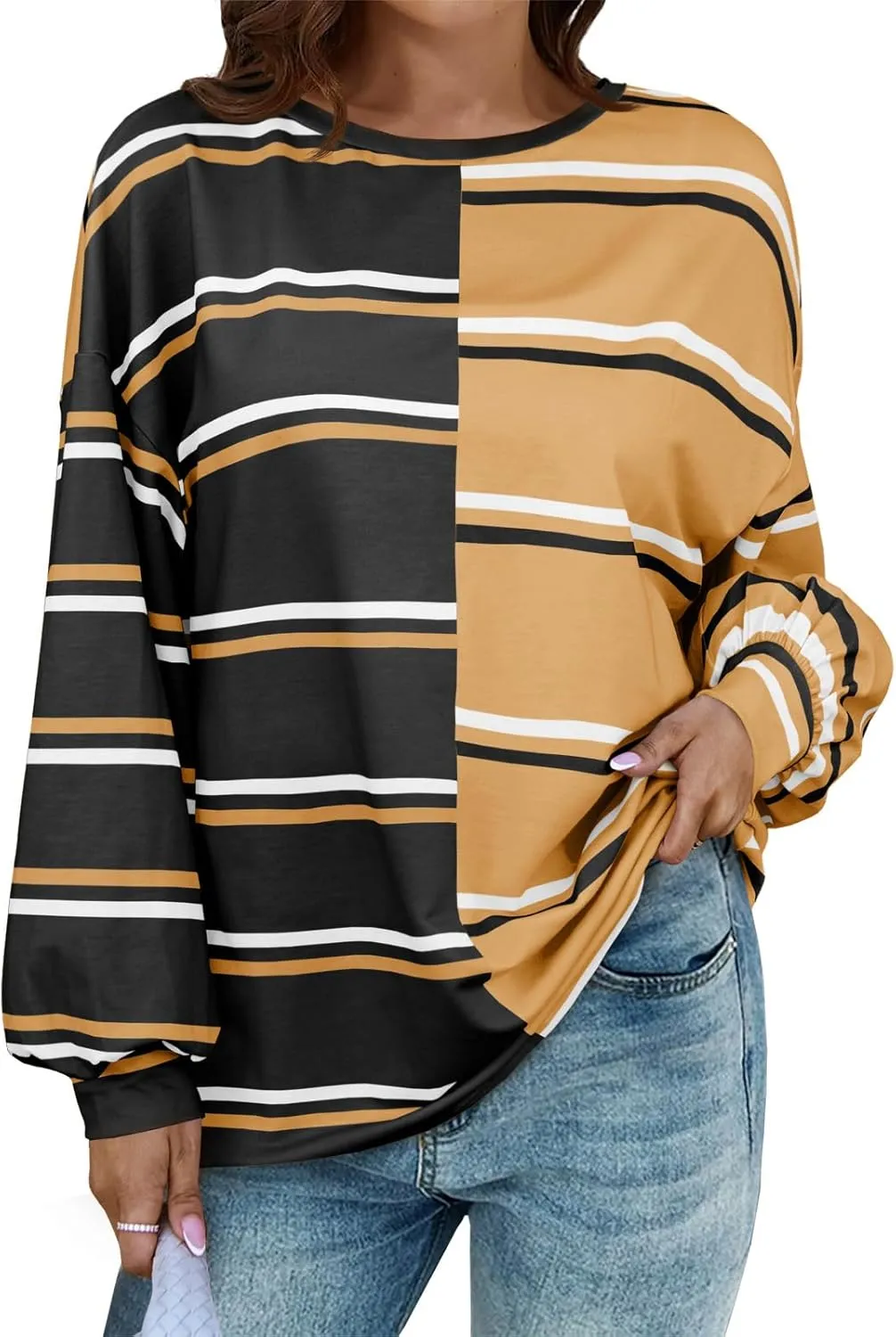 Tankaneo Womens Striped Tunic Tops Oversized Long Sleeve Round Neck T Shirts Fall Casual Sweatshirts