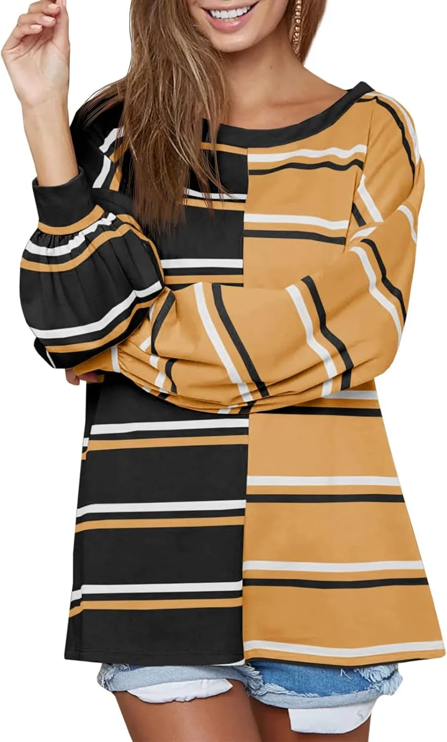 Tankaneo Womens Striped Tunic Tops Oversized Long Sleeve Round Neck T Shirts Fall Casual Sweatshirts