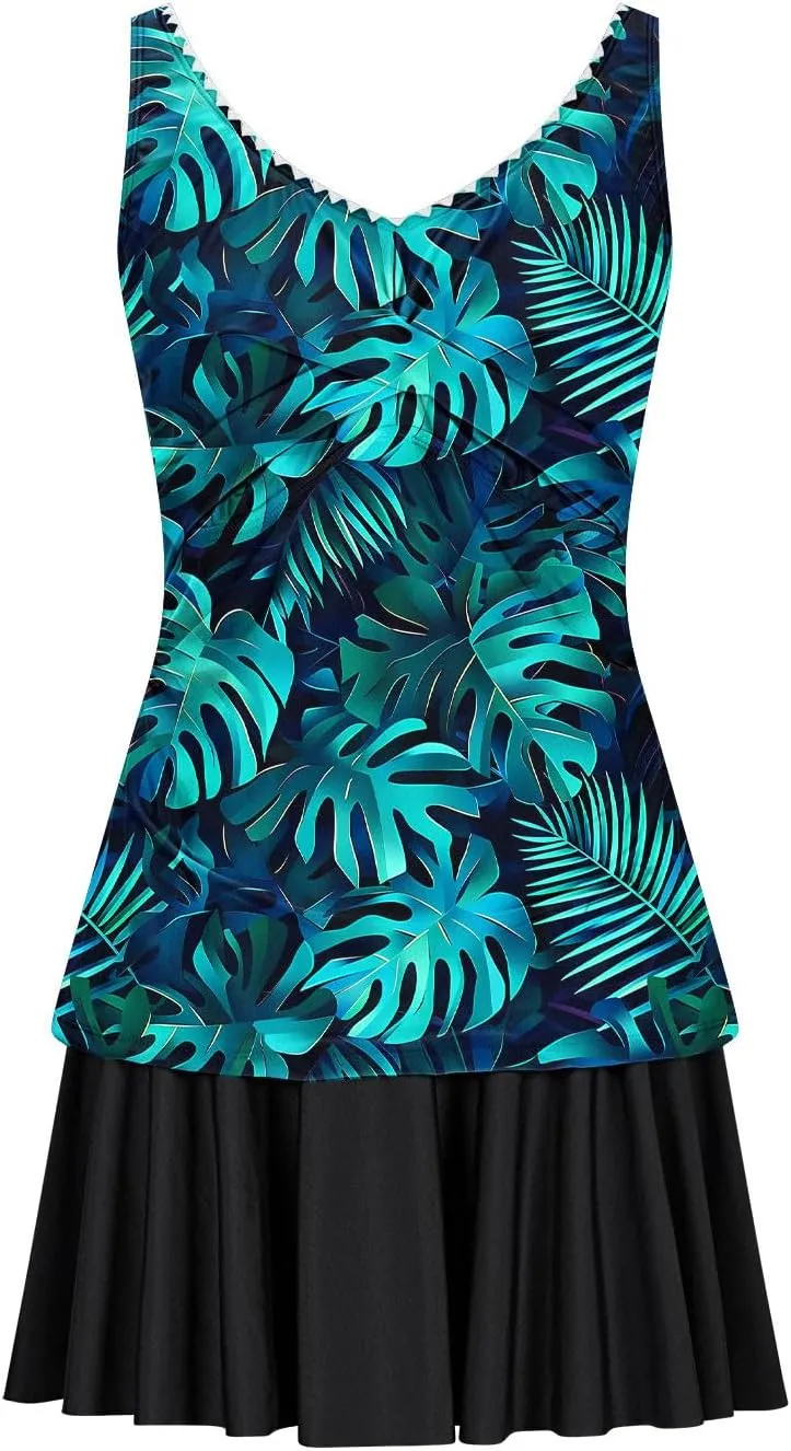 Tankini Swimsuits for Women Tummy Control Blouson Swim Top with Skirt Two Piece Bathing Suits Modest Swimwear