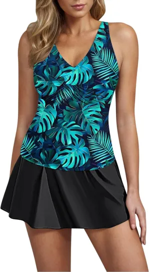 Tankini Swimsuits for Women Tummy Control Blouson Swim Top with Skirt Two Piece Bathing Suits Modest Swimwear