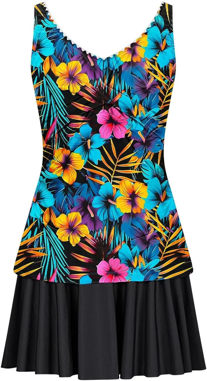 Tankini Swimsuits for Women Tummy Control Blouson Swim Top with Skirt Two Piece Bathing Suits Modest Swimwear