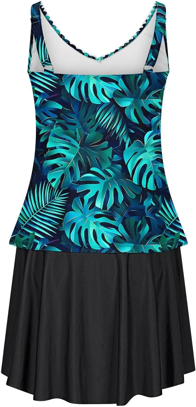 Tankini Swimsuits for Women Tummy Control Blouson Swim Top with Skirt Two Piece Bathing Suits Modest Swimwear