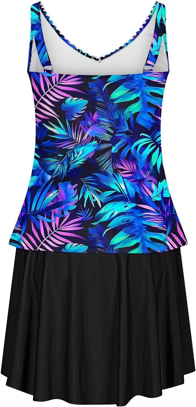 Tankini Swimsuits for Women Tummy Control Blouson Swim Top with Skirt Two Piece Bathing Suits Modest Swimwear