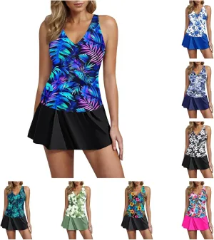 Tankini Swimsuits for Women Tummy Control Blouson Swim Top with Skirt Two Piece Bathing Suits Modest Swimwear