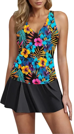 Tankini Swimsuits for Women Tummy Control Blouson Swim Top with Skirt Two Piece Bathing Suits Modest Swimwear