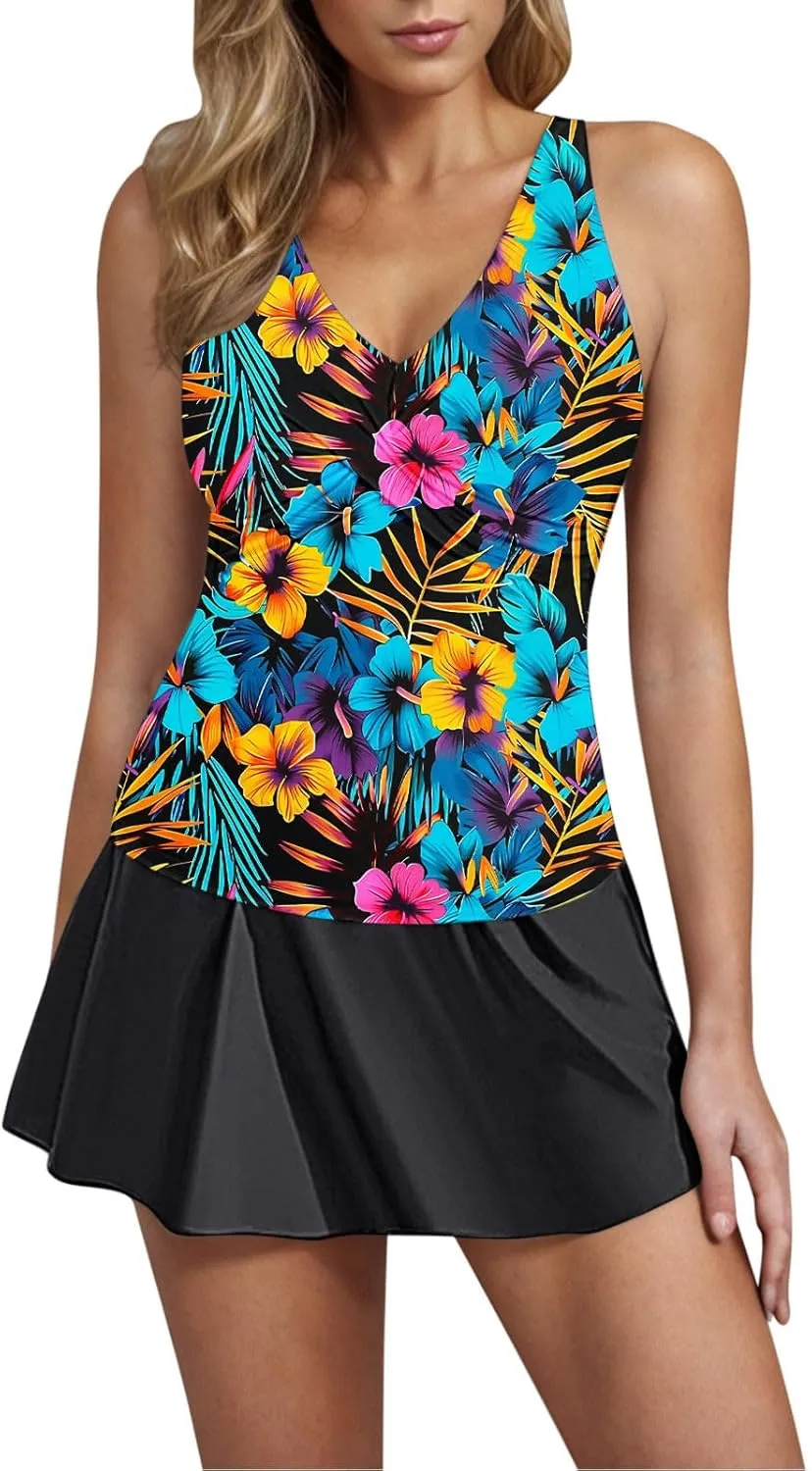 Tankini Swimsuits for Women Tummy Control Blouson Swim Top with Skirt Two Piece Bathing Suits Modest Swimwear