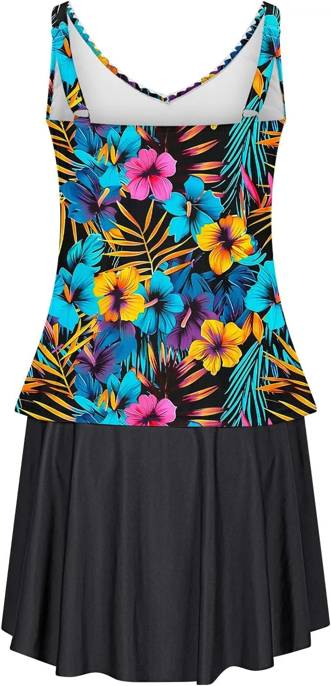 Tankini Swimsuits for Women Tummy Control Blouson Swim Top with Skirt Two Piece Bathing Suits Modest Swimwear