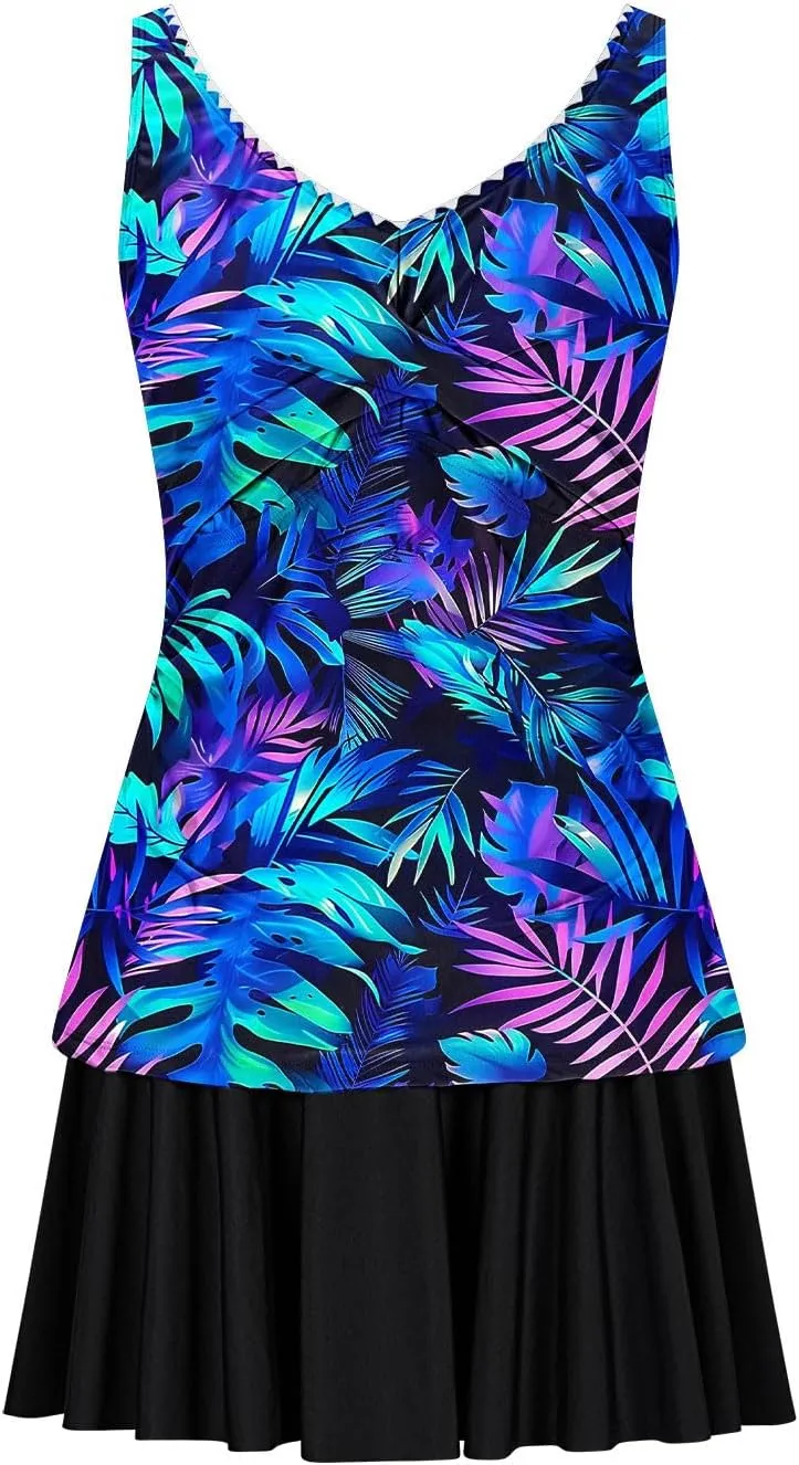 Tankini Swimsuits for Women Tummy Control Blouson Swim Top with Skirt Two Piece Bathing Suits Modest Swimwear