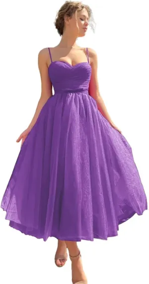 Tea Length Tulle Prom Dresses for Women 2025 A Line Midi Formal Party Gonws with Pockets PA372