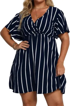 Thatrich Plus Size Dresses for Women V Neck Striped Short Dress Summer Boho Beach Sundress Casual Loose Mini Skater Dresses