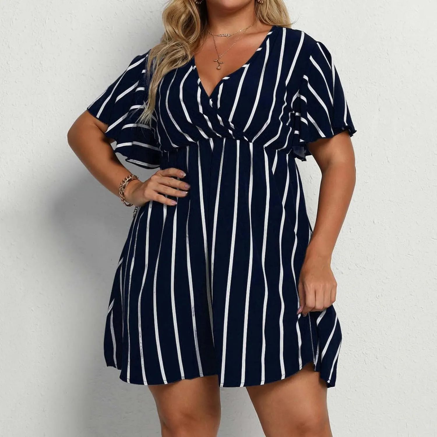Thatrich Plus Size Dresses for Women V Neck Striped Short Dress Summer Boho Beach Sundress Casual Loose Mini Skater Dresses