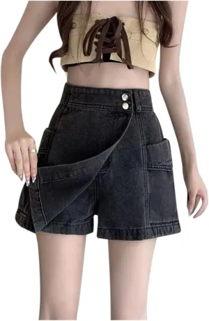 Today 2024 Jean Shorts for Women Summer 2024 Oversized High Waisted Button Front A Line Denim Skort Trendy Asymmetrical Hem Skirt Shorts Black Athletic Shorts Women,Grey,XXL, XX-Large