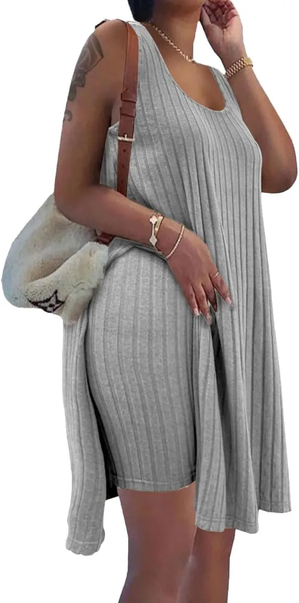 TOPSRANI Womens Two Piece Outfits Tracksuit Casual Sweatsuits Sleeveless Solid Ribbed Pullover Lounge Shorts Pant Sets