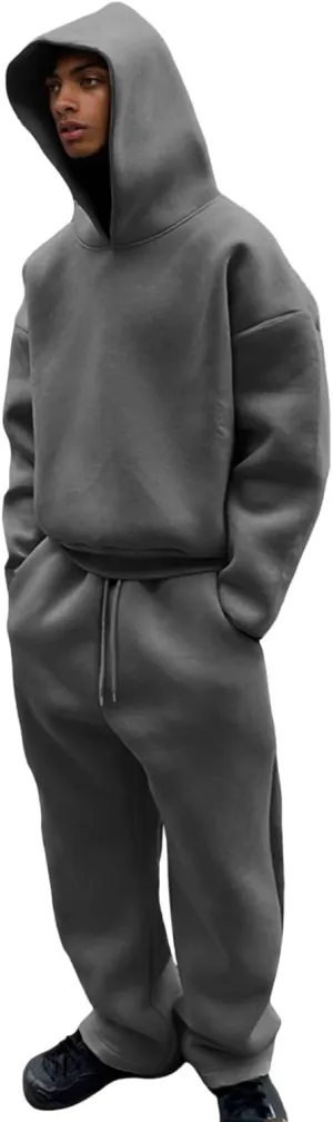 Two Piece Hoodie Sets For Men Fleece Warm Drawstring Pullover Shirts Long Sleeve Baggy Sweatpants Workout Jogger Sets