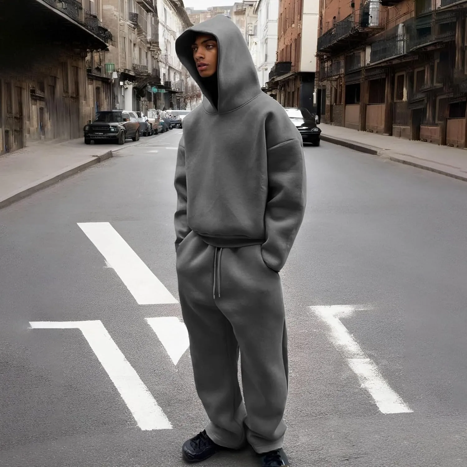 Two Piece Hoodie Sets For Men Fleece Warm Drawstring Pullover Shirts Long Sleeve Baggy Sweatpants Workout Jogger Sets