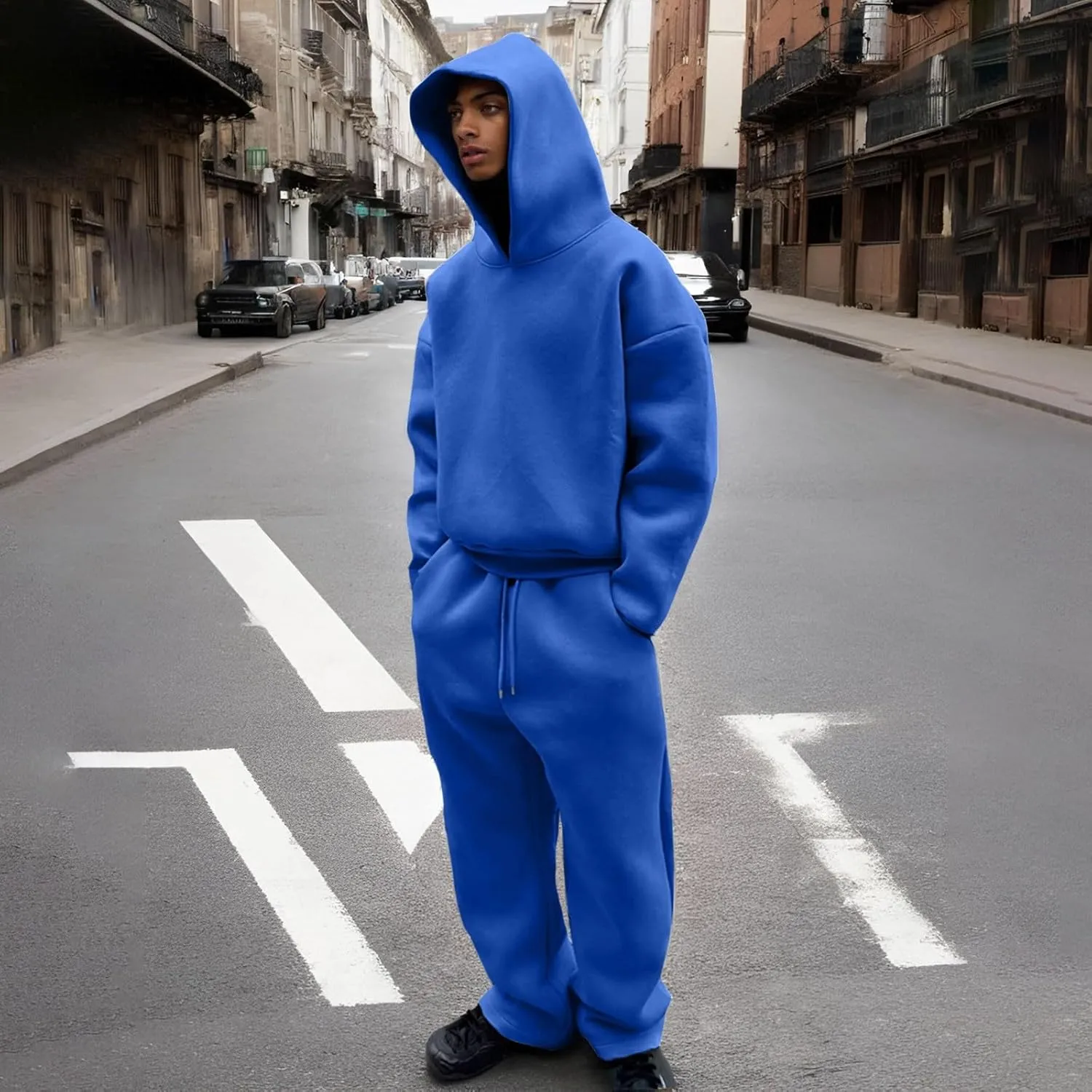 Two Piece Hoodie Sets For Men Fleece Warm Drawstring Pullover Shirts Long Sleeve Baggy Sweatpants Workout Jogger Sets