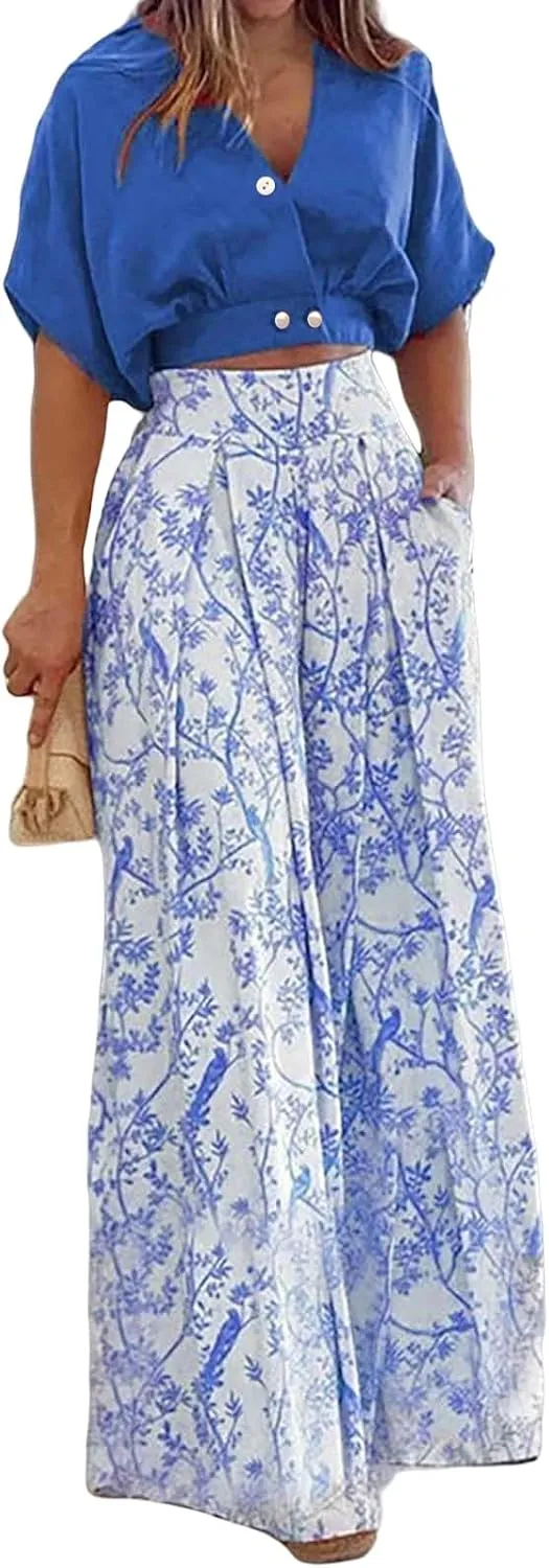 Two Piece Sets for Women Summer Short Sleeve V Neck Sexy Crop Tops Matching Print Wide Leg Pants Set Lounge Sets