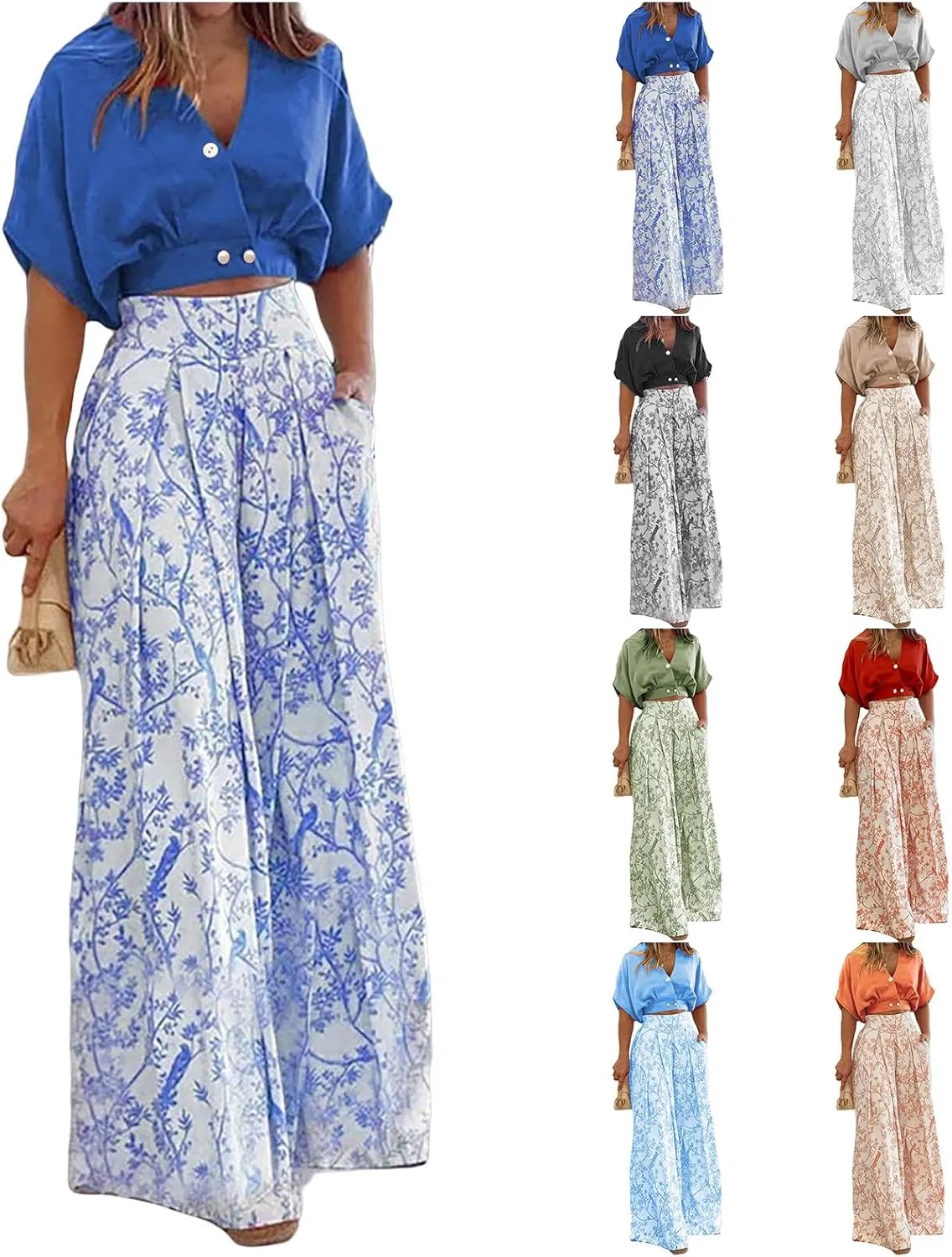 Two Piece Sets for Women Summer Short Sleeve V Neck Sexy Crop Tops Matching Print Wide Leg Pants Set Lounge Sets