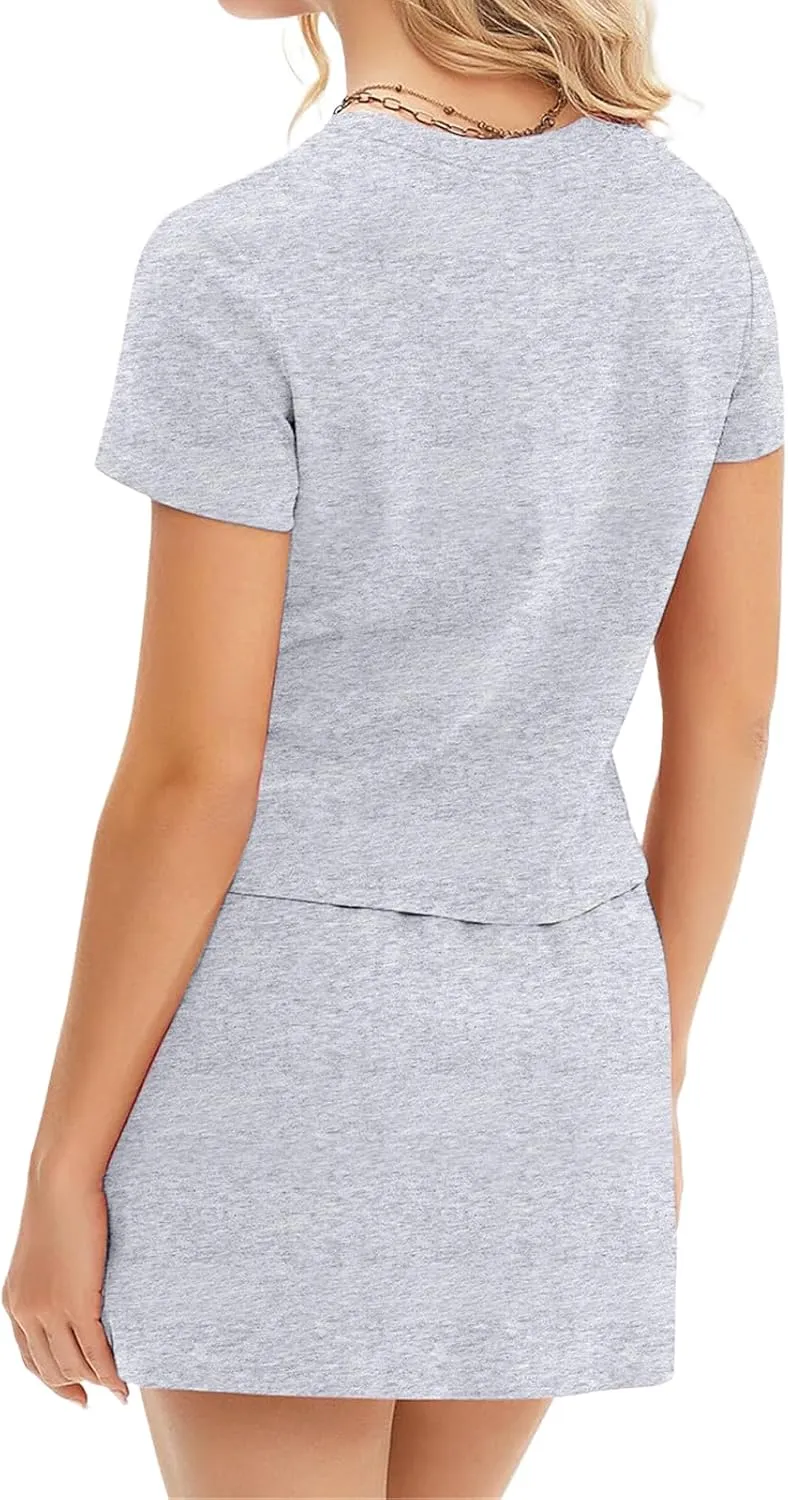 Two Piece Skirt Set for Women Casual Summer 2 Piece Short Sleeve T-shirt and Tennis Skort Dressy Matching Sweatsuits