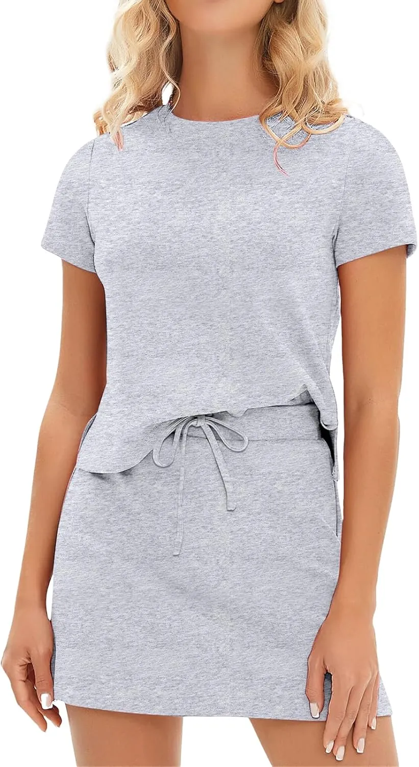 Two Piece Skirt Set for Women Casual Summer 2 Piece Short Sleeve T-shirt and Tennis Skort Dressy Matching Sweatsuits