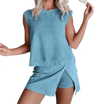 Two Piece Skirt Set for Women Summer Casual Crew Neck Sleeveless Tank Top and Skorts Shorts Matching Sets