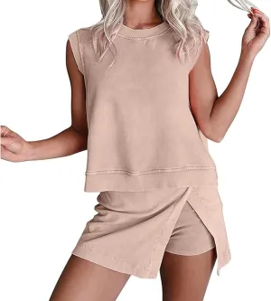 Two Piece Skirt Set for Women Summer Casual Crew Neck Sleeveless Tank Top and Skorts Shorts Matching Sets