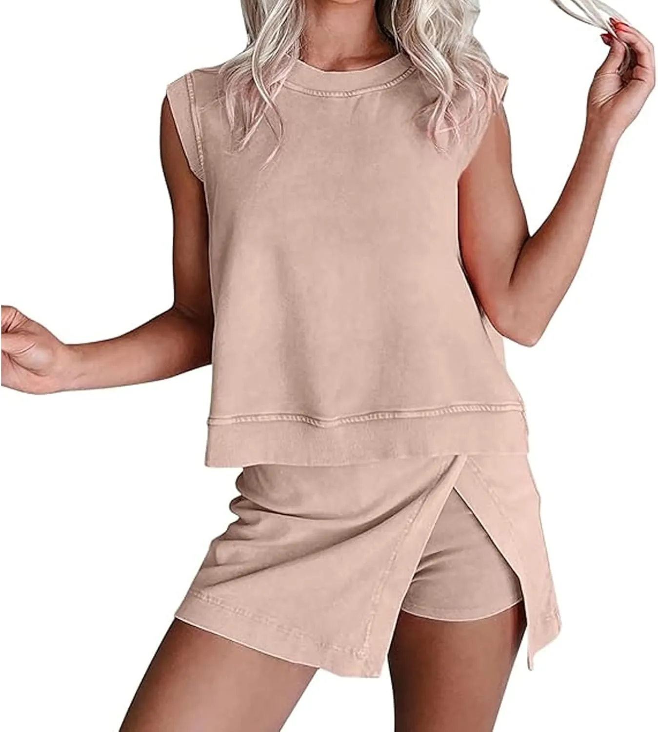 Two Piece Skirt Set for Women Summer Casual Crew Neck Sleeveless Tank Top and Skorts Shorts Matching Sets