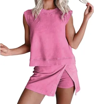 Two Piece Skirt Set for Women Summer Casual Crew Neck Sleeveless Tank Top and Skorts Shorts Matching Sets
