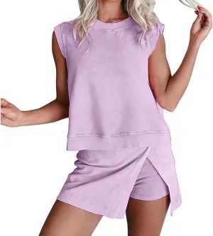 Two Piece Skirt Set for Women Summer Casual Crew Neck Sleeveless Tank Top and Skorts Shorts Matching Sets